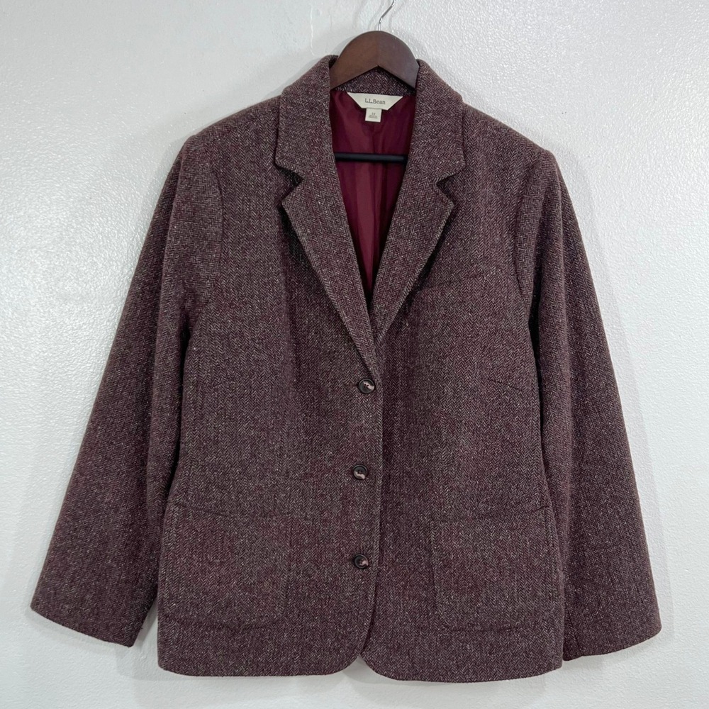 L.L. Bean Wool Silk Blend Herringbone Blazer Tweed Jacket Women's 1X Burgundy
